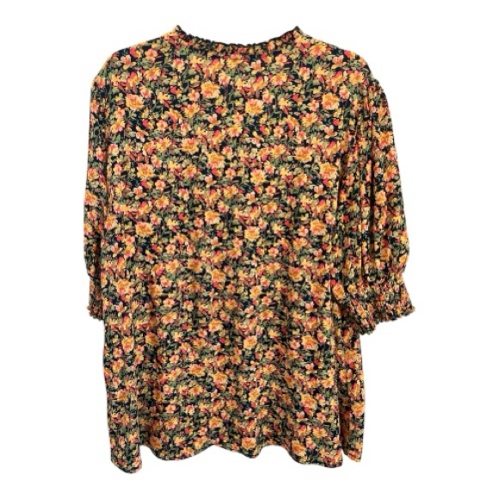 Terra & Sky Floral Boho Smocked V-Neck Blouse 1X Black Yellow Peach Flowers - Picture 2 of 9